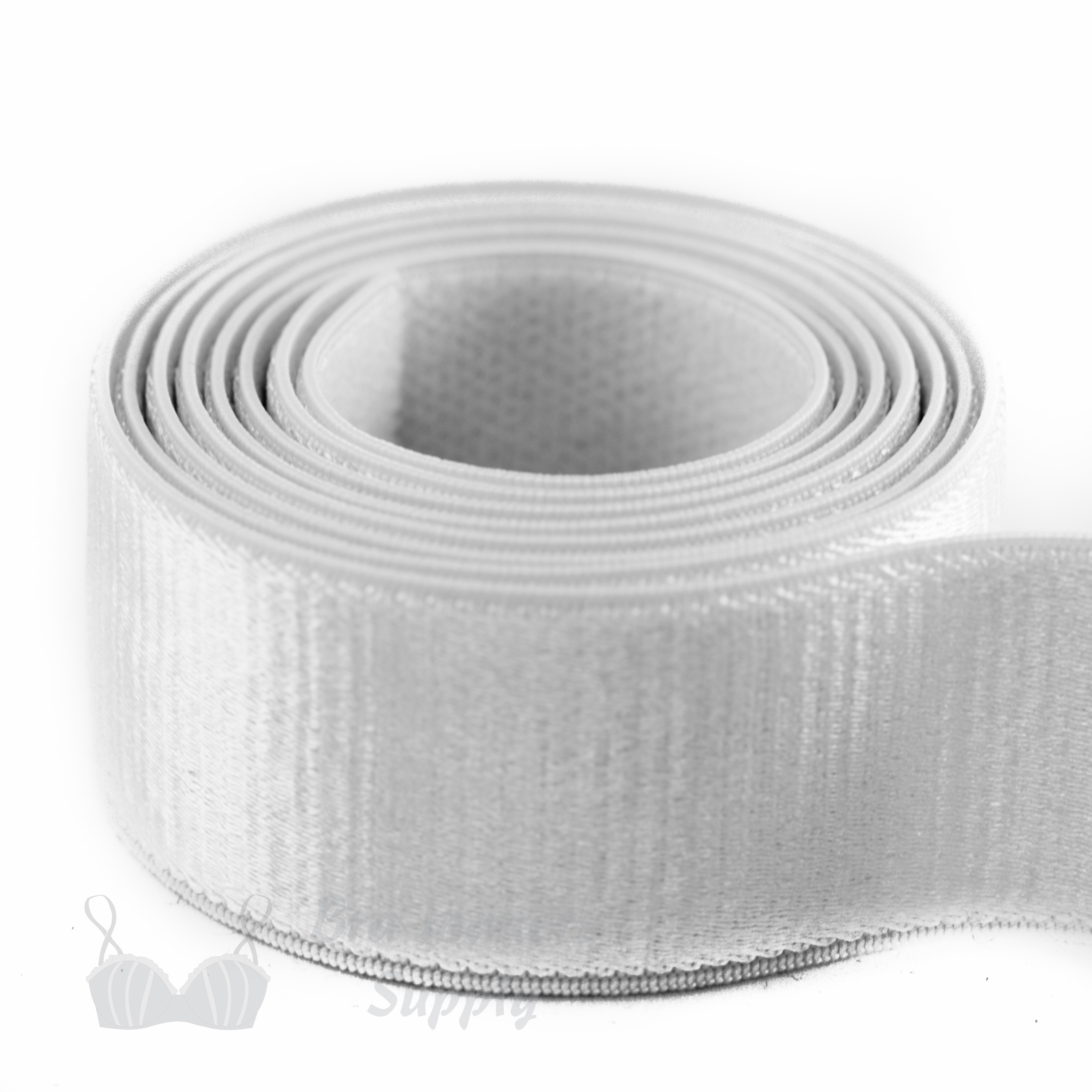 one inch 22mm Strap Elastic white ES-8 or one inch 22mm Satin Strap Elastic Bright White Pantone 11-0601 from Bra-makers Supply 1 metre roll shown