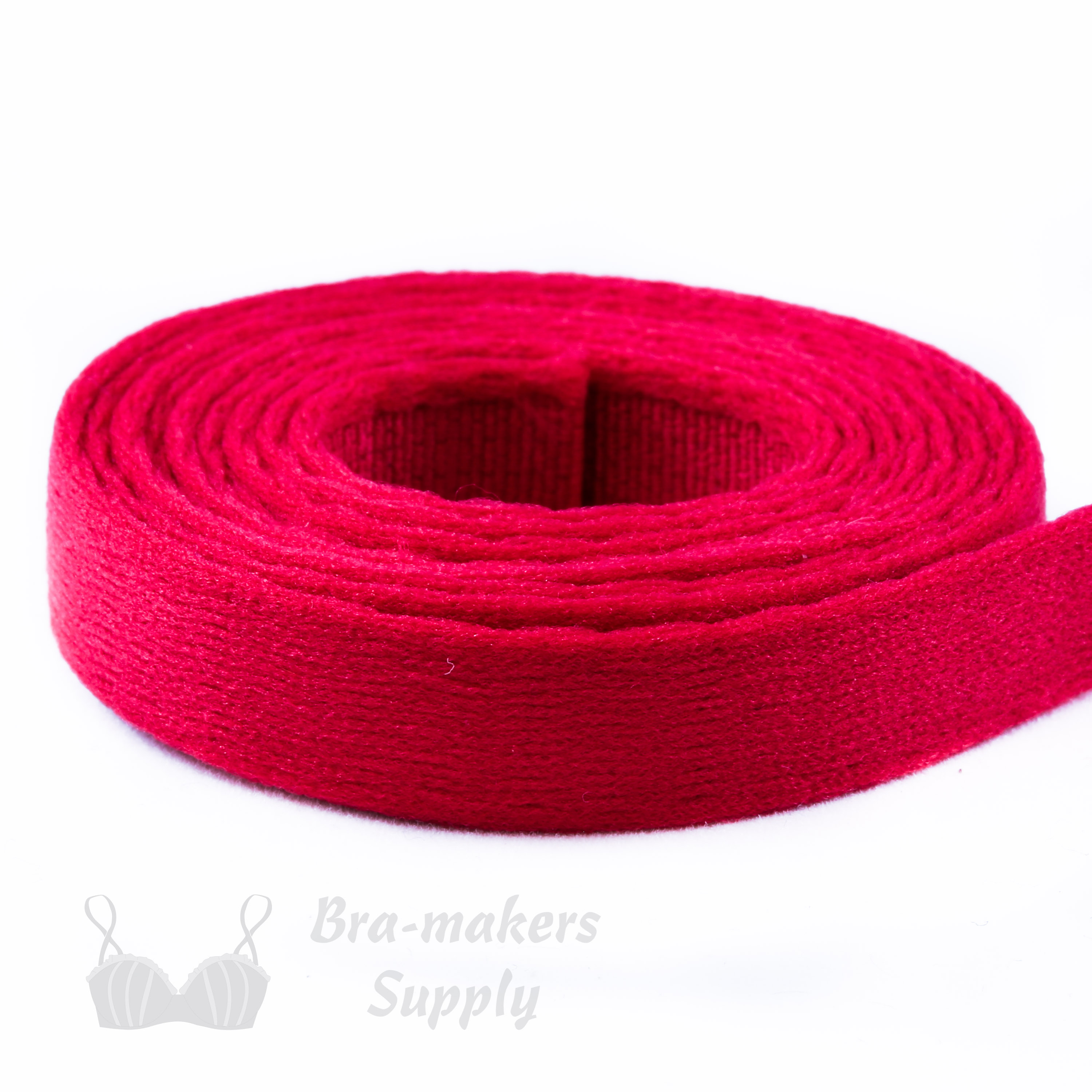 plush underwire casing red UP-2 or underwire channeling lollipop Pantone 18-1764 from Bra-makers Supply 1 metre roll shown