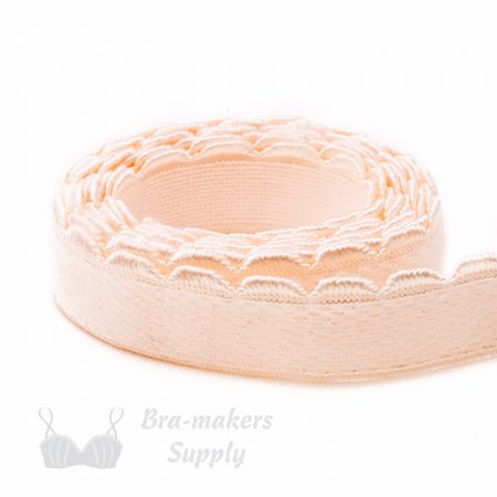 three eighths inch 9 mm firm bra band elastic EB-372 peach or three eighths inch 9 mm plush back elastic linen Pantone 12-1008 from Bra-Makers Supply 1 metre roll shown