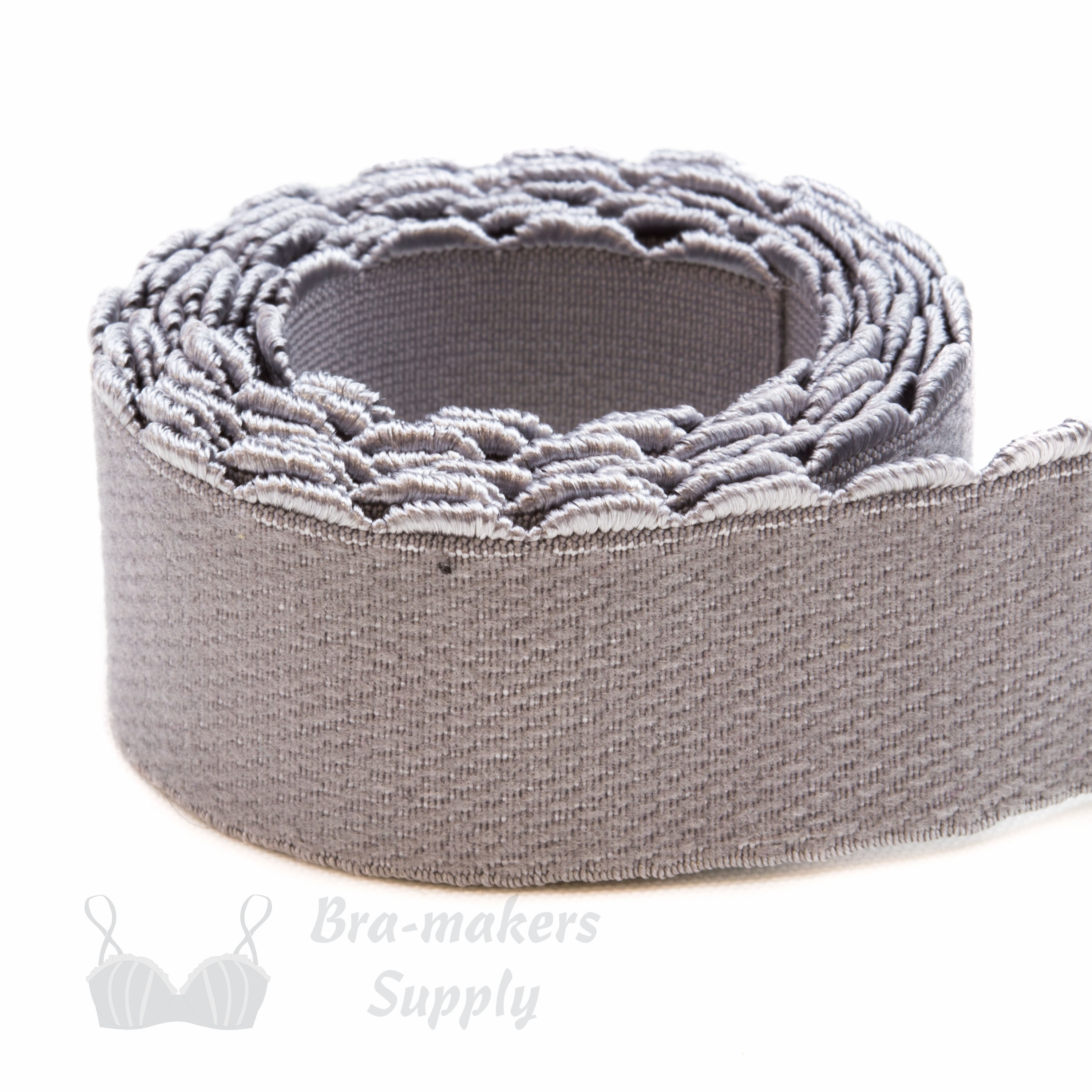 three quarters inch 19 mm firm bra band elastic EB-672 platinum or three quarters inch 19 mm plush back elastic griffin Pantone 17-5102 from Bra-Makers Supply 1 metre roll shown