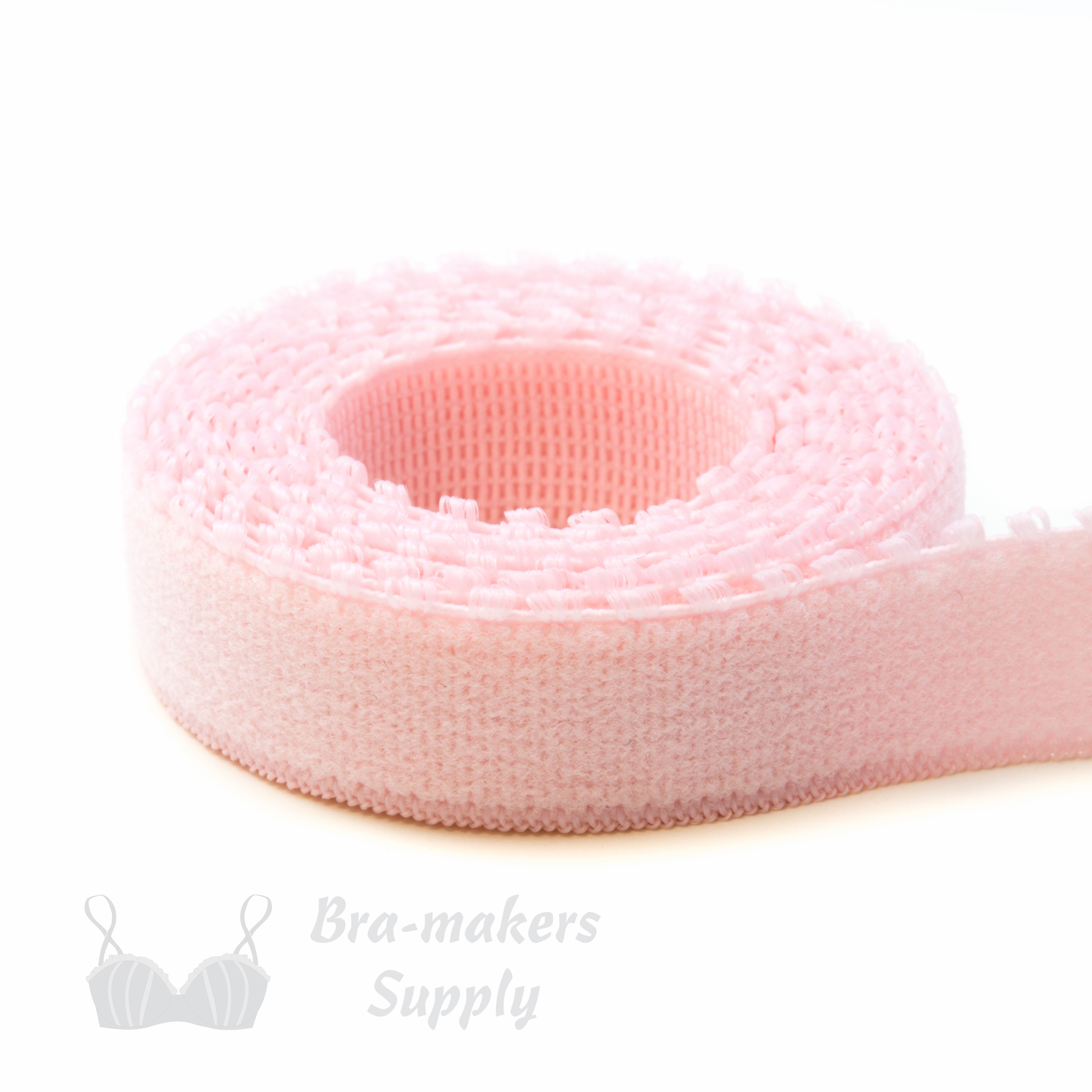 half inch soft plush back elastic EB-47 pink or 12mm bra band elastic Pantone 12-1706 pink dogwood from Bra-Makers Supply 1 metre roll shown