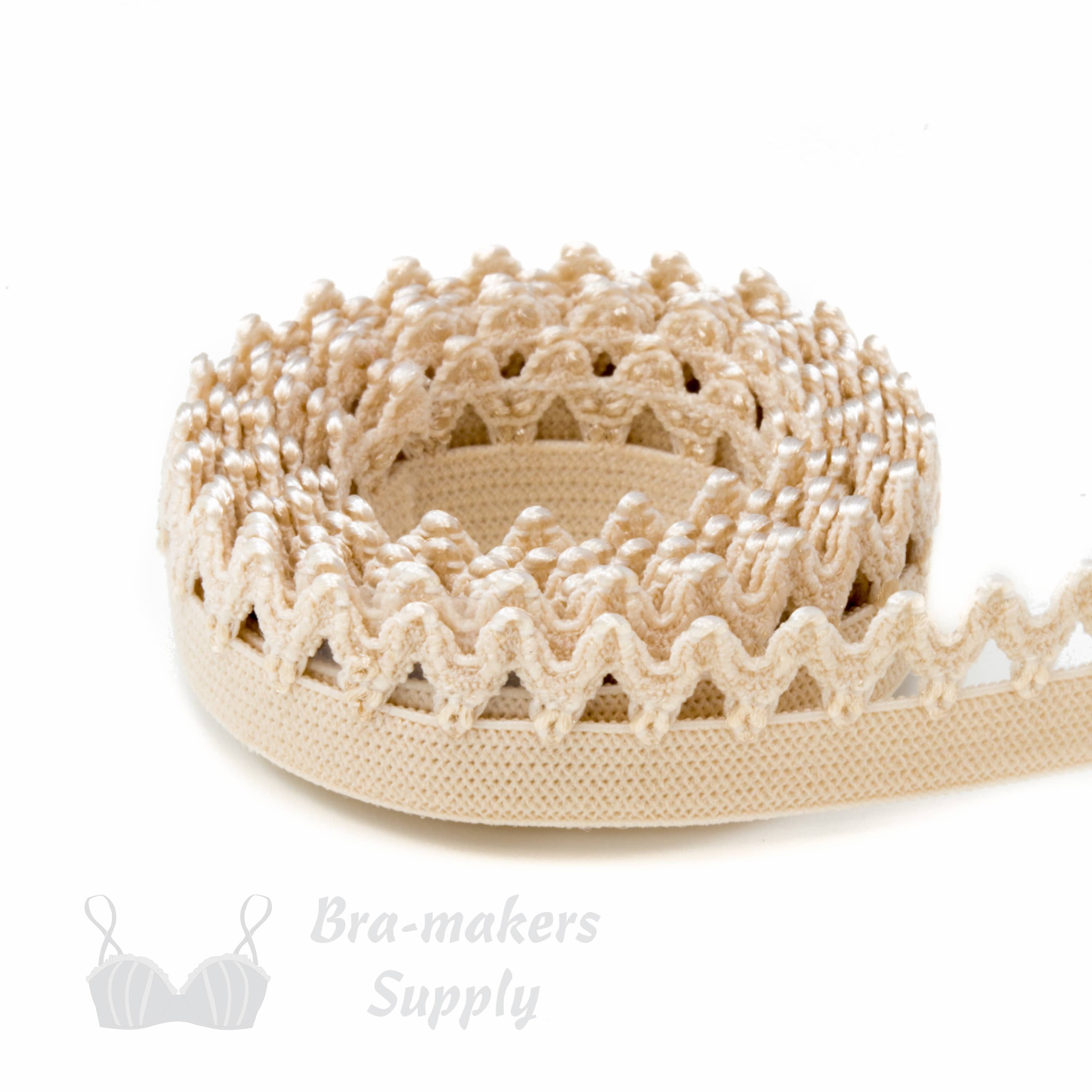 stretch crochet elastic trim EN-13 beige or Pantone 14-1212 frappe from Bra-Makers Supply 1 metre roll shown