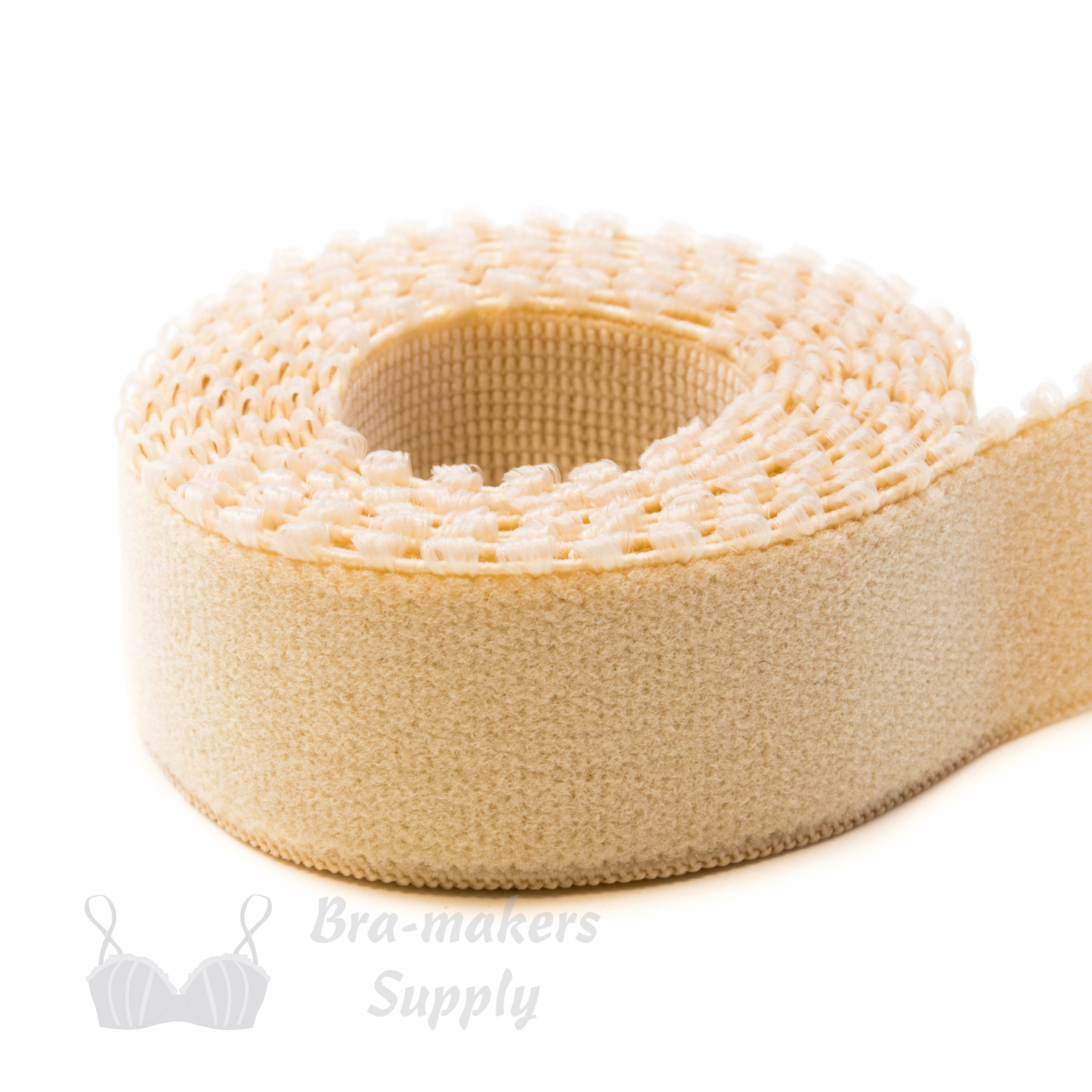 three quarters inch soft plush back elastic EB-67 beige or 19mm bra band elastic Pantone 14-1212 frappe from Bra-Makers Supply 1 metre roll shown