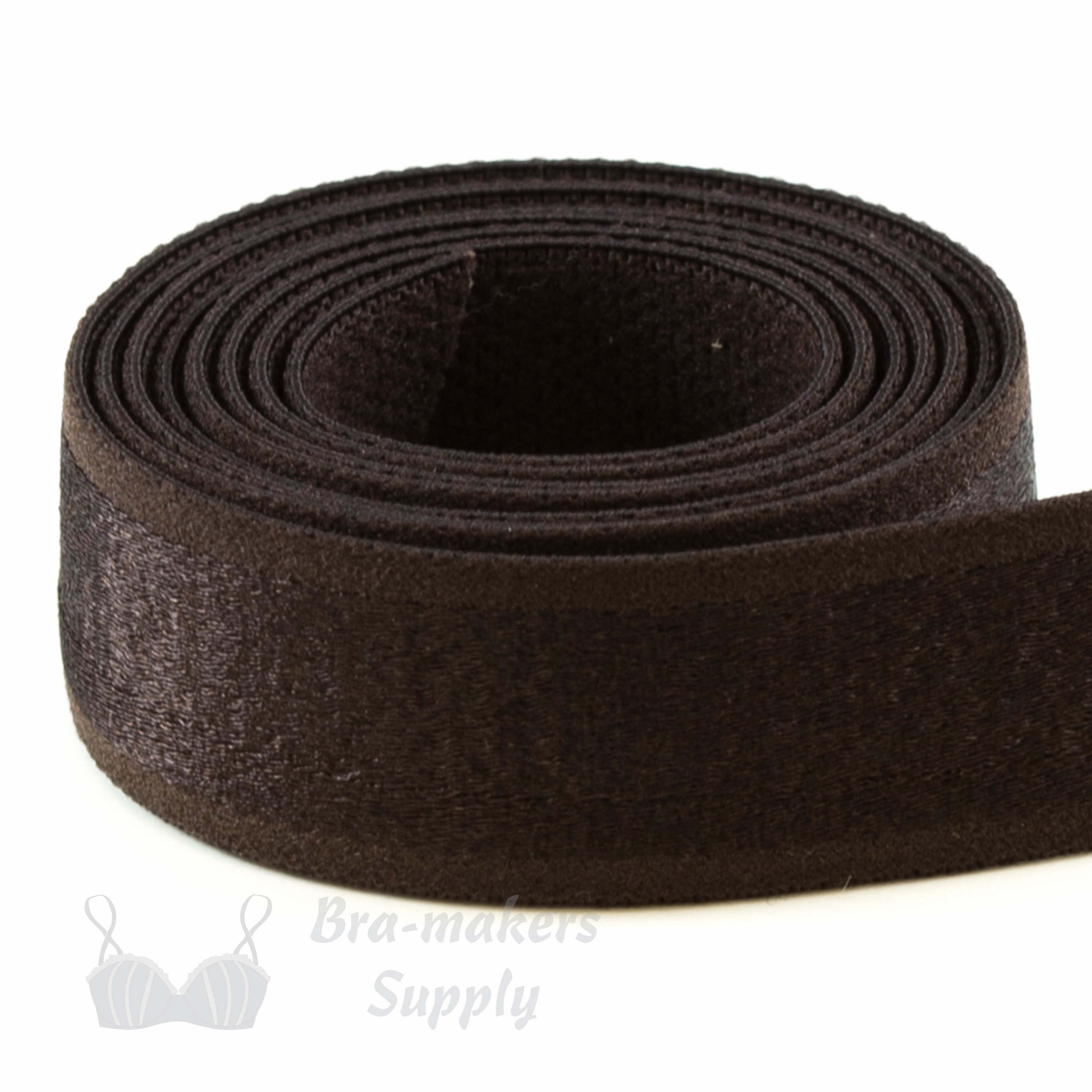 three quarters of an inch satin stripe strap elastic or 18 mm bra strap elastic ES-64 chocolate from Bra-Makers Supply 1 metre roll shown