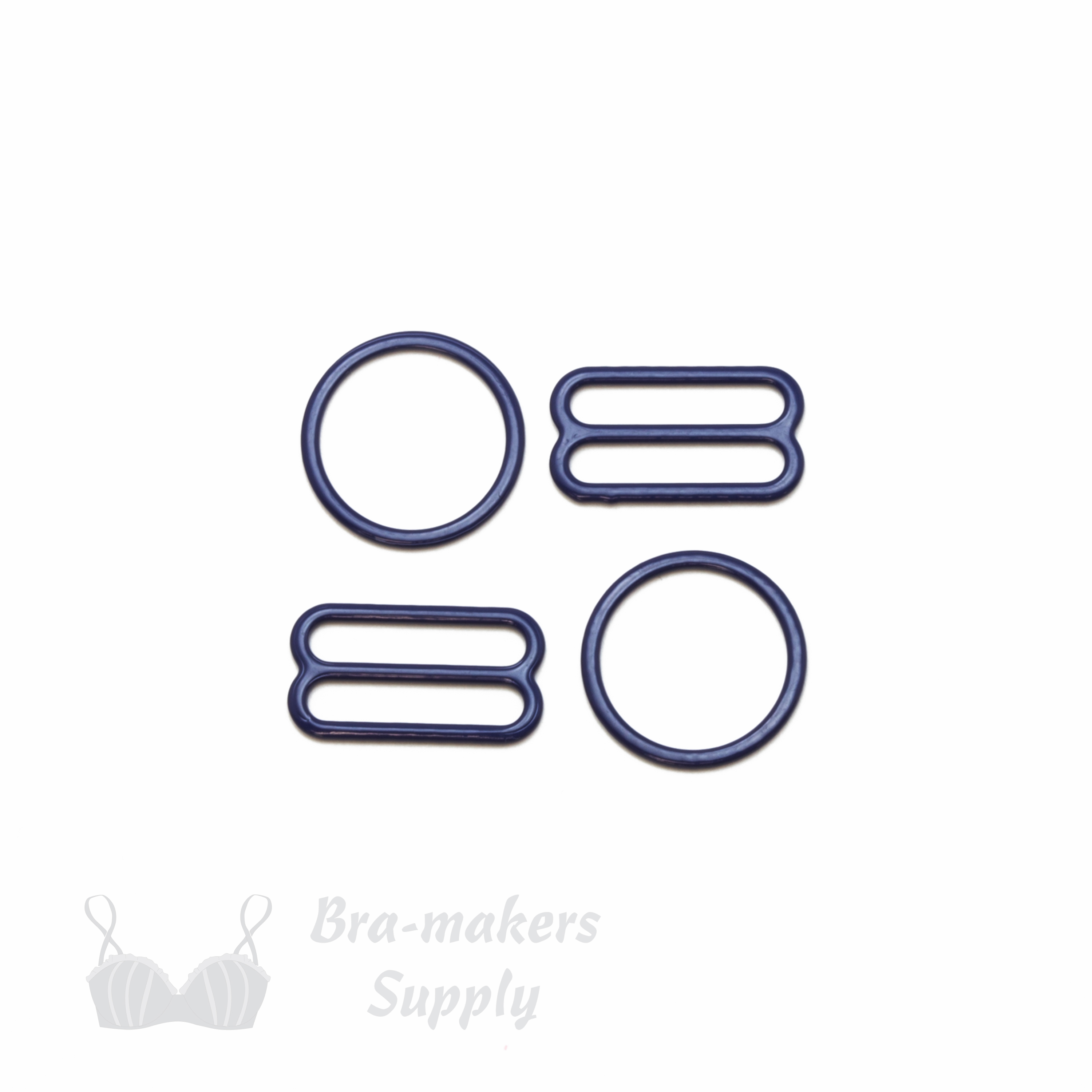 five eighths inch 16mm RM-6 navy blue nylon coated metal rings sliders or blueprint Pantone 19-3939 from Bra-Makers Supply 2 sliders 2 rings shown