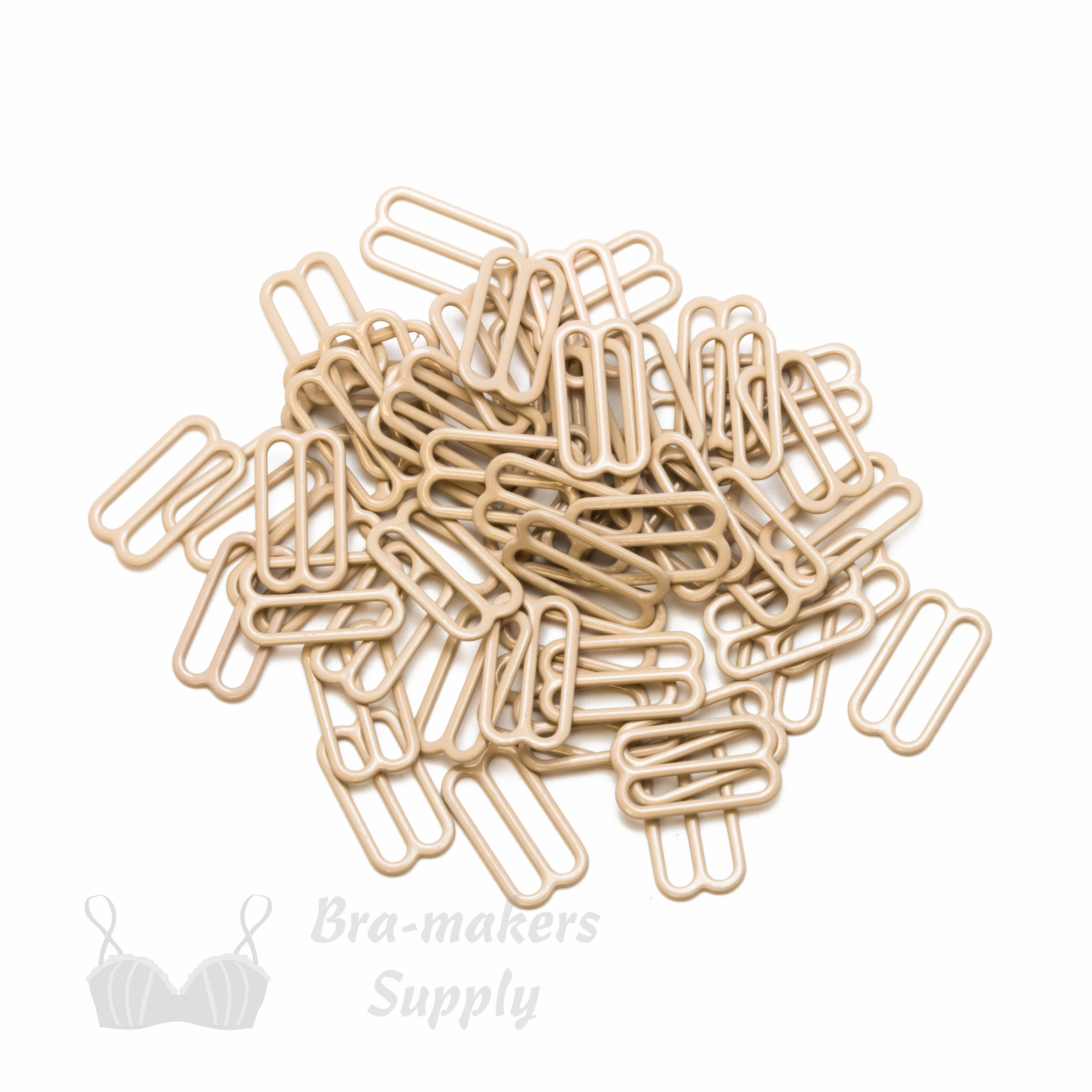 five eighths inch 16mm RM-600 S beige nylon coated metal rings sliders or frappe Pantone 14-1212 from Bra-Makers Supply 100 sliders shown