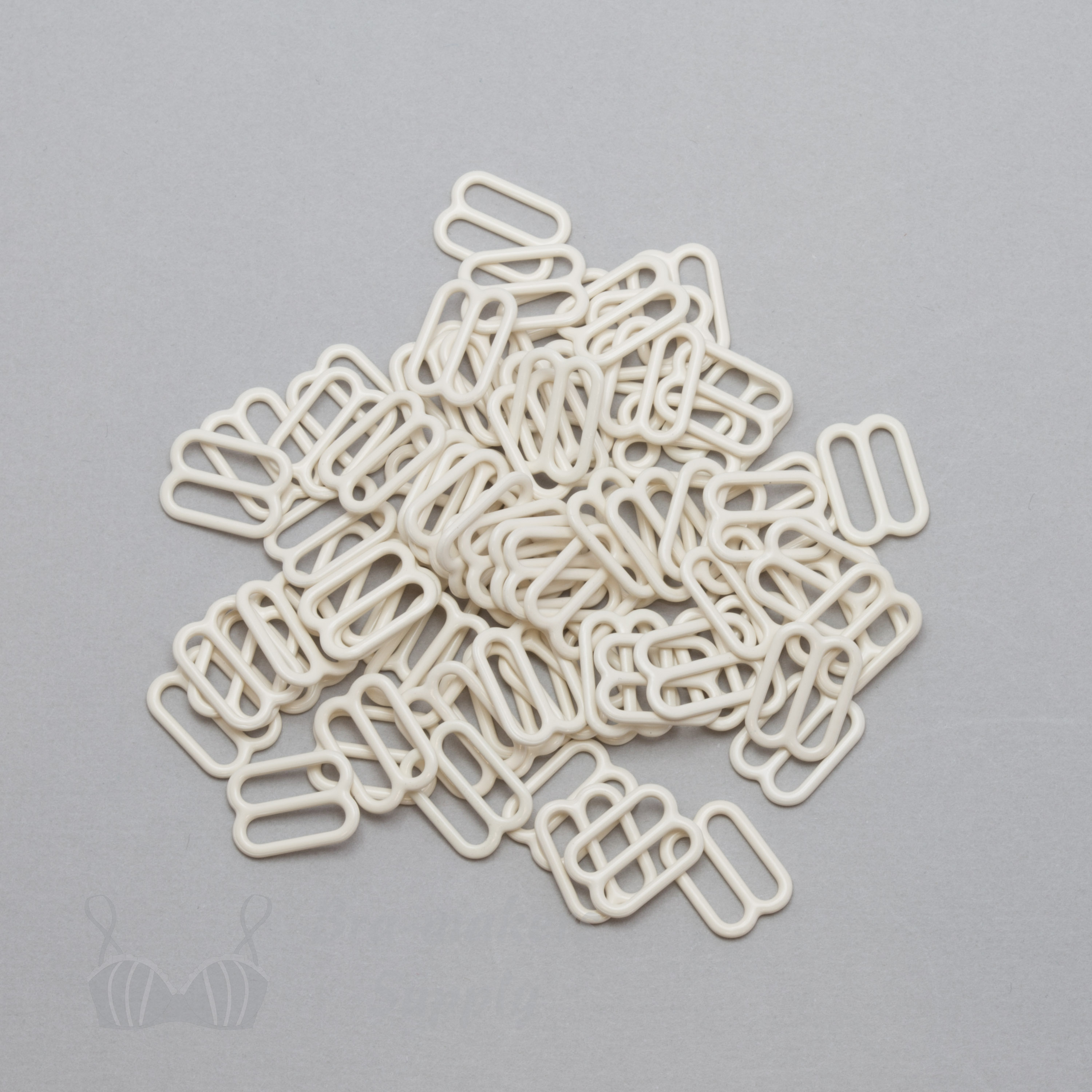 half inch 12mm RM-400 S ivory nylon coated metal rings sliders or winter white Pantone 11-0507 from Bra-Makers Supply 100 sliders shown