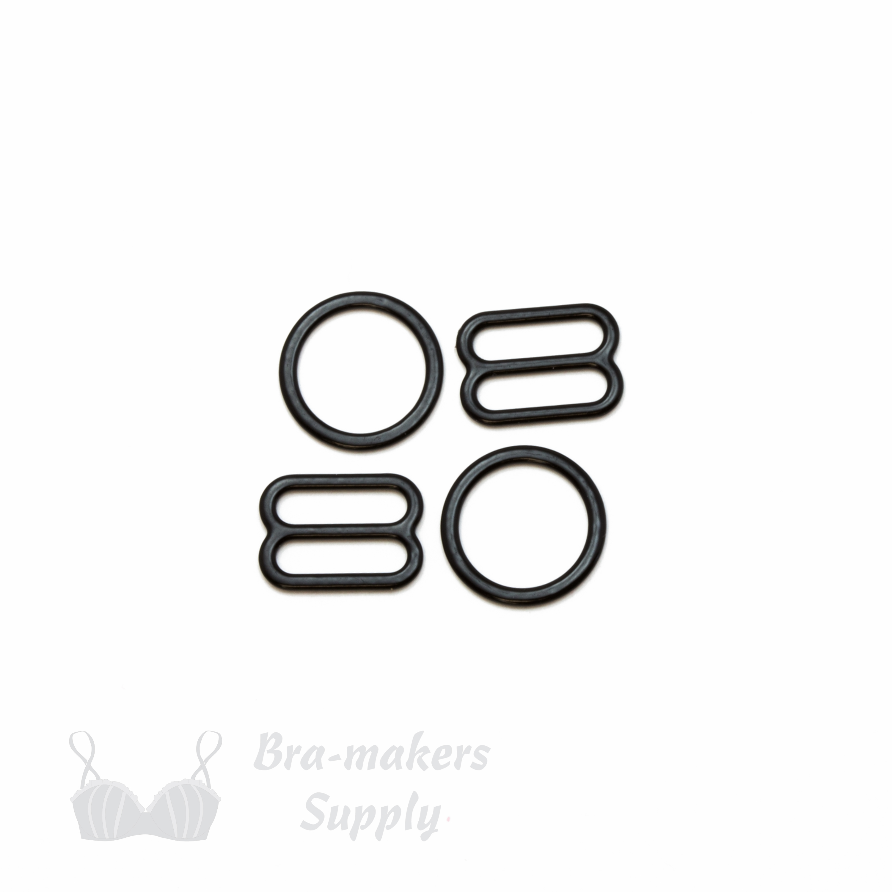 half inch 12mm rm-4 black nylon coated metal rings sliders or anthracite Pantone 19-4007 from Bra-Makers Supply 2 sliders 2 rings shown