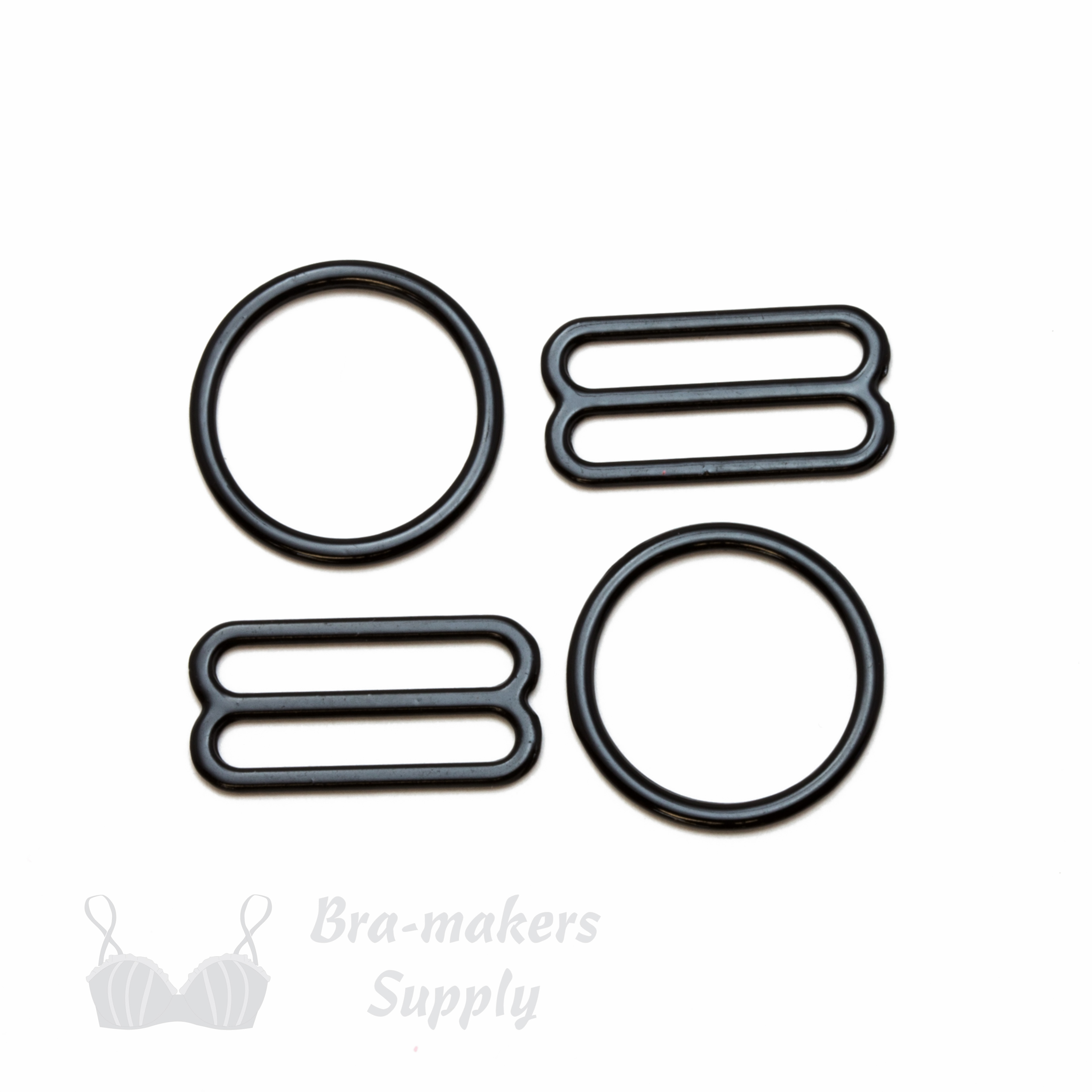 one inch 22mm RM-8 black nylon coated metal rings sliders or anthracite Pantone 19-4007 from Bra-Makers Supply 2 sliders 2 rings shown