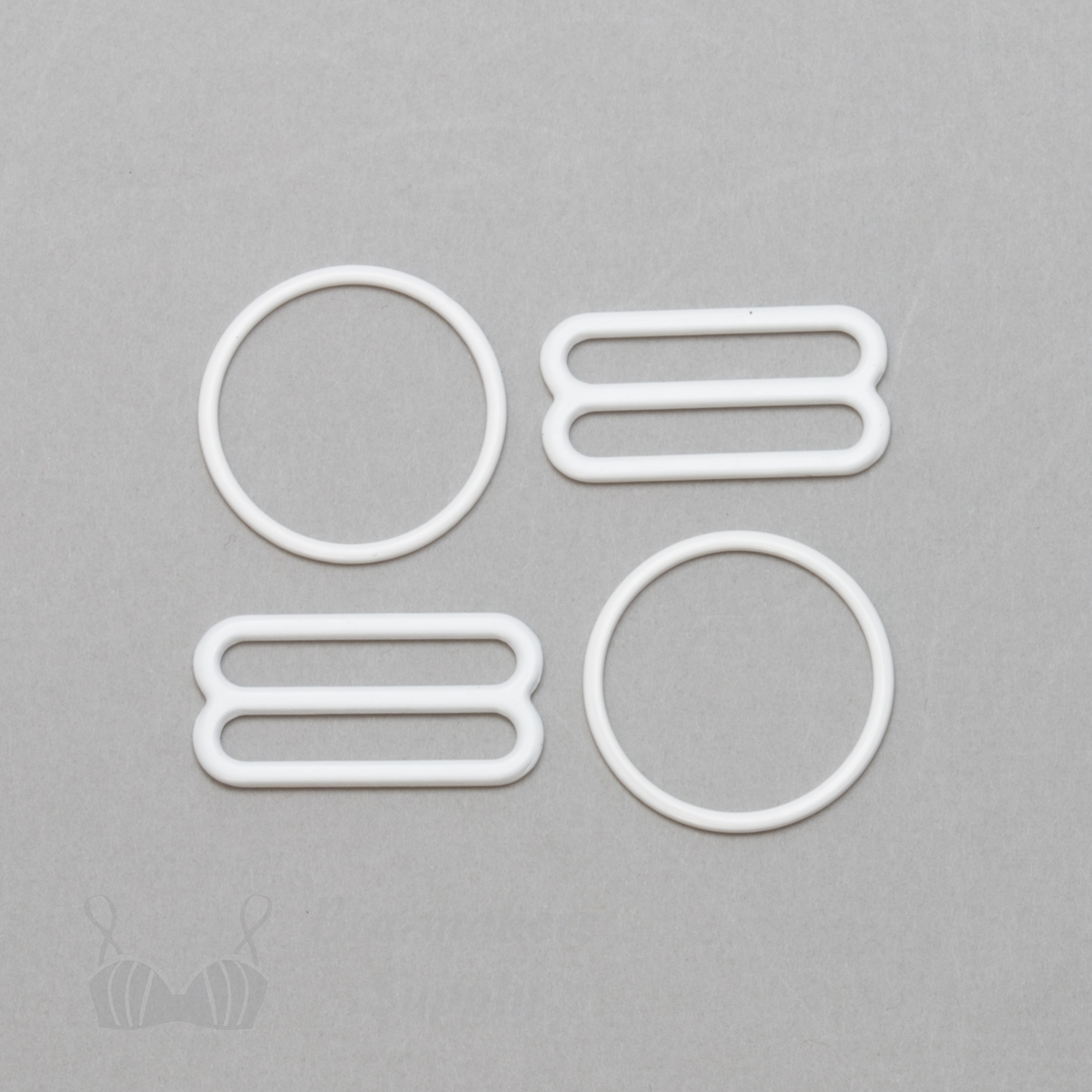 one inch 22mm RM-8 white nylon coated metal rings sliders or bright white Pantone 11-0601 from Bra-Makers Supply 2 sliders 2 rings shown