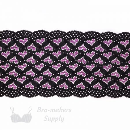 stretch laces - 5 inch - 13 cm five inch deep pink black hearts stretch lace LS-63 9841 from Bra-Makers Supply