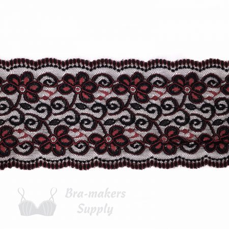stretch laces - 5 inch - 13 cm five inch red black floral scalloped stretch lace LS-63 9847 from Bra-Makers Supply