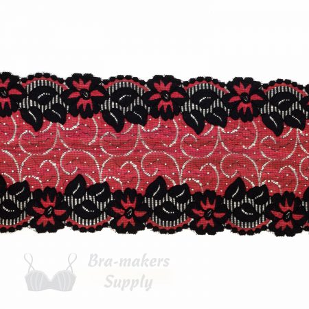 stretch laces - 5 inch - 13 cm five inch red black floral swirl stretch lace LS-63 4798 from Bra-Makers Supply