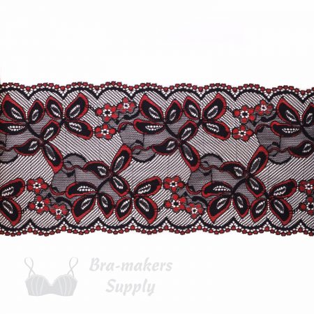 stretch laces - 5 inch - 13 cm five inch warm red black floral stretch lace LS-63 9852 from Bra-Makers Supply