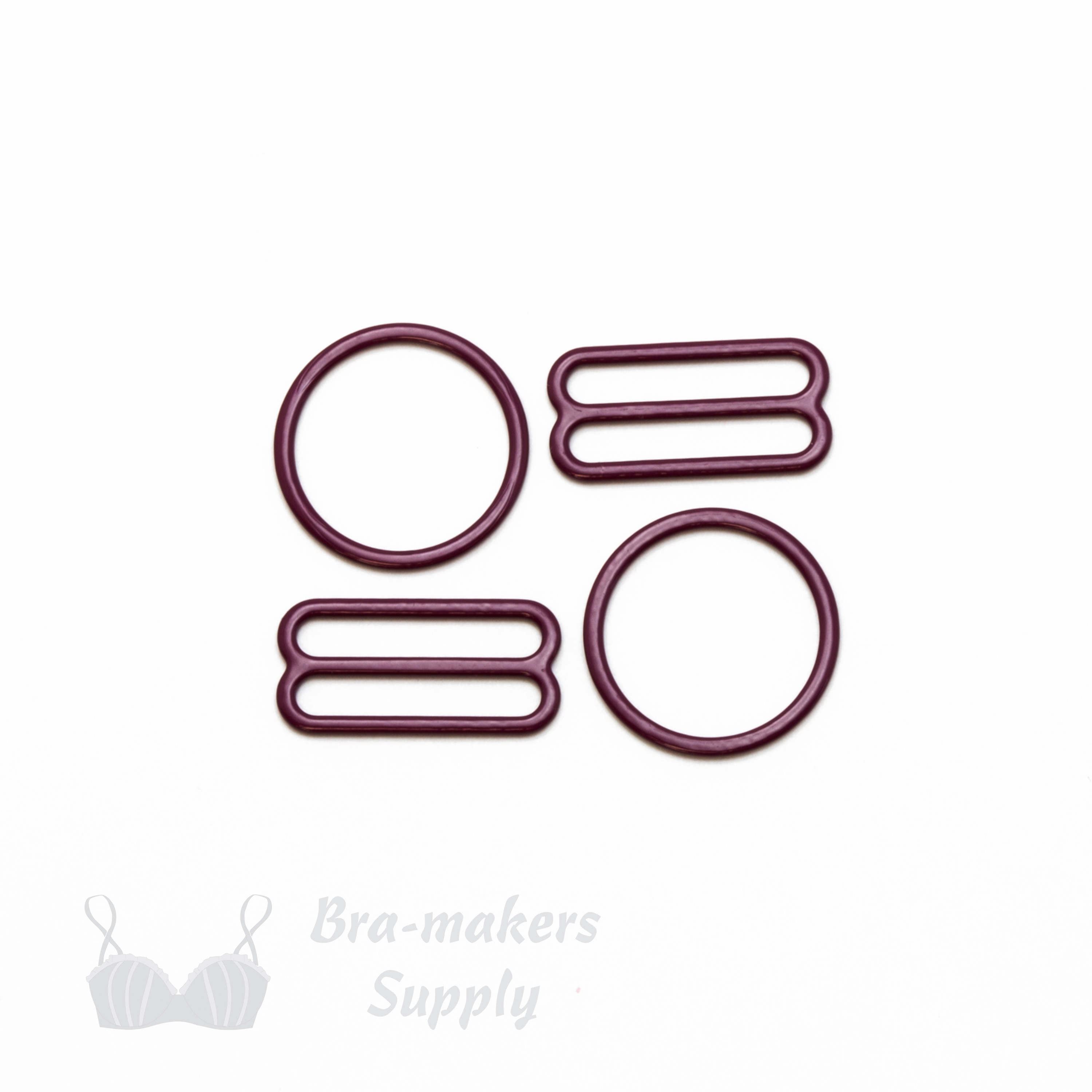 three quarters inch 19mm RM-6 black cherry nylon coated metal rings sliders or rhododendron Pantone 19-2024 from Bra-Makers Supply 2 sliders 2 rings shown