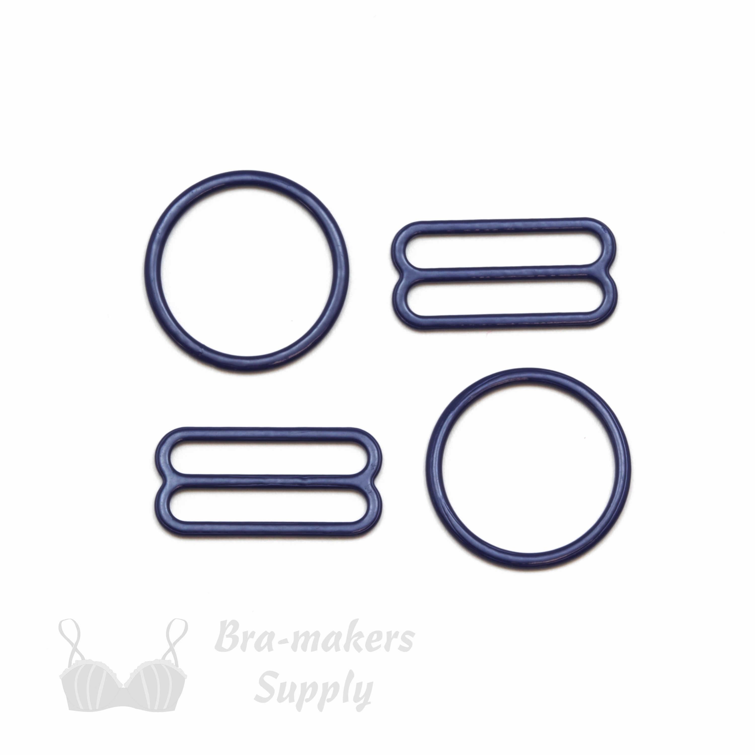 three quarters inch 19mm RM-6 navy blue nylon coated metal rings sliders or blueprint Pantone 19-3939 from Bra-Makers Supply 2 rings 2 sliders shown