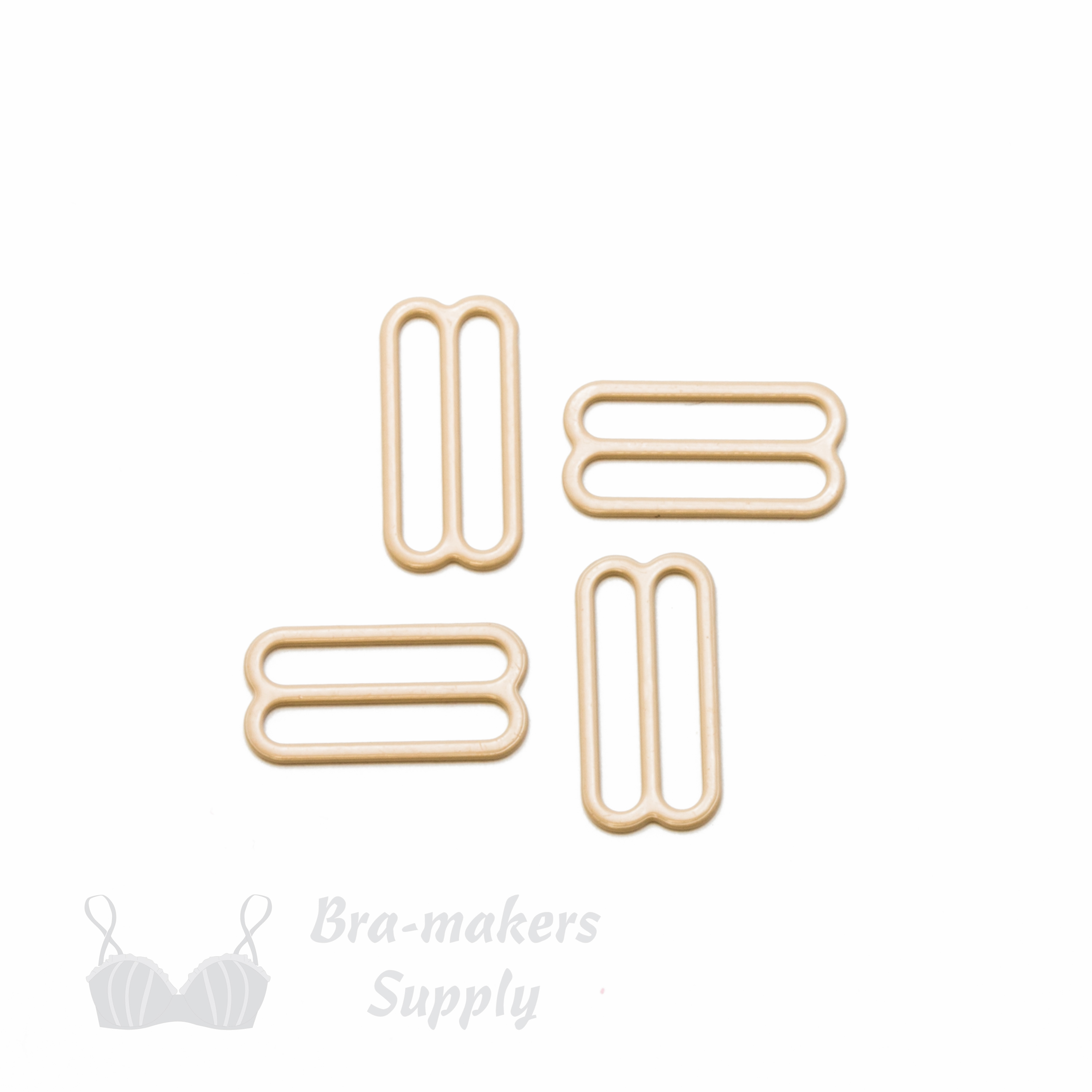 three quarters inch 19mm RM-60 S PK4 beige nylon coated metal rings sliders or frappe Pantone 14-1212 from Bra-Makers Supply 4 sliders shown