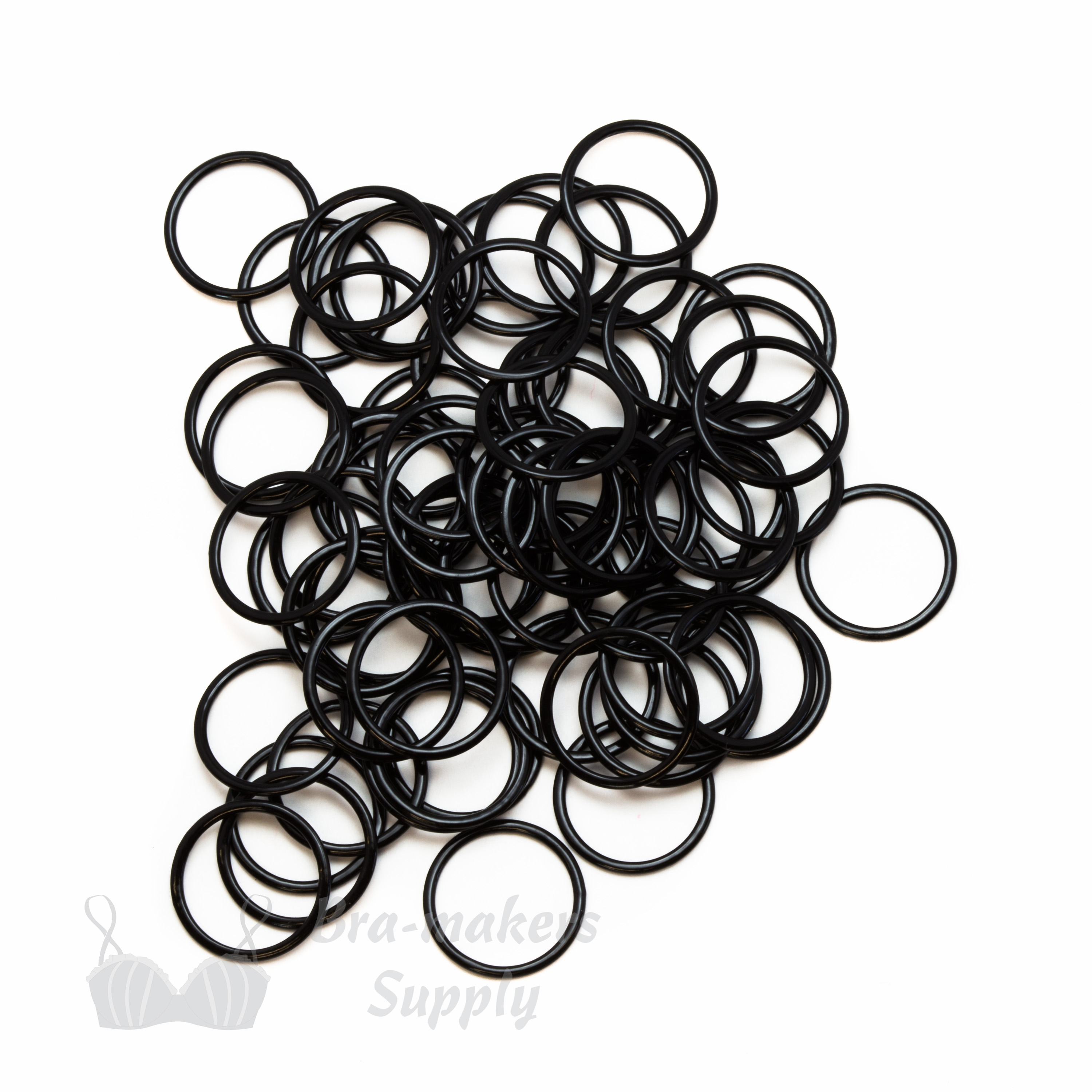 three quarters inch 19mm RM-600 R black nylon coated metal rings sliders or anthracite Pantone 19-4007 from Bra-Makers Supply 100 rings shown