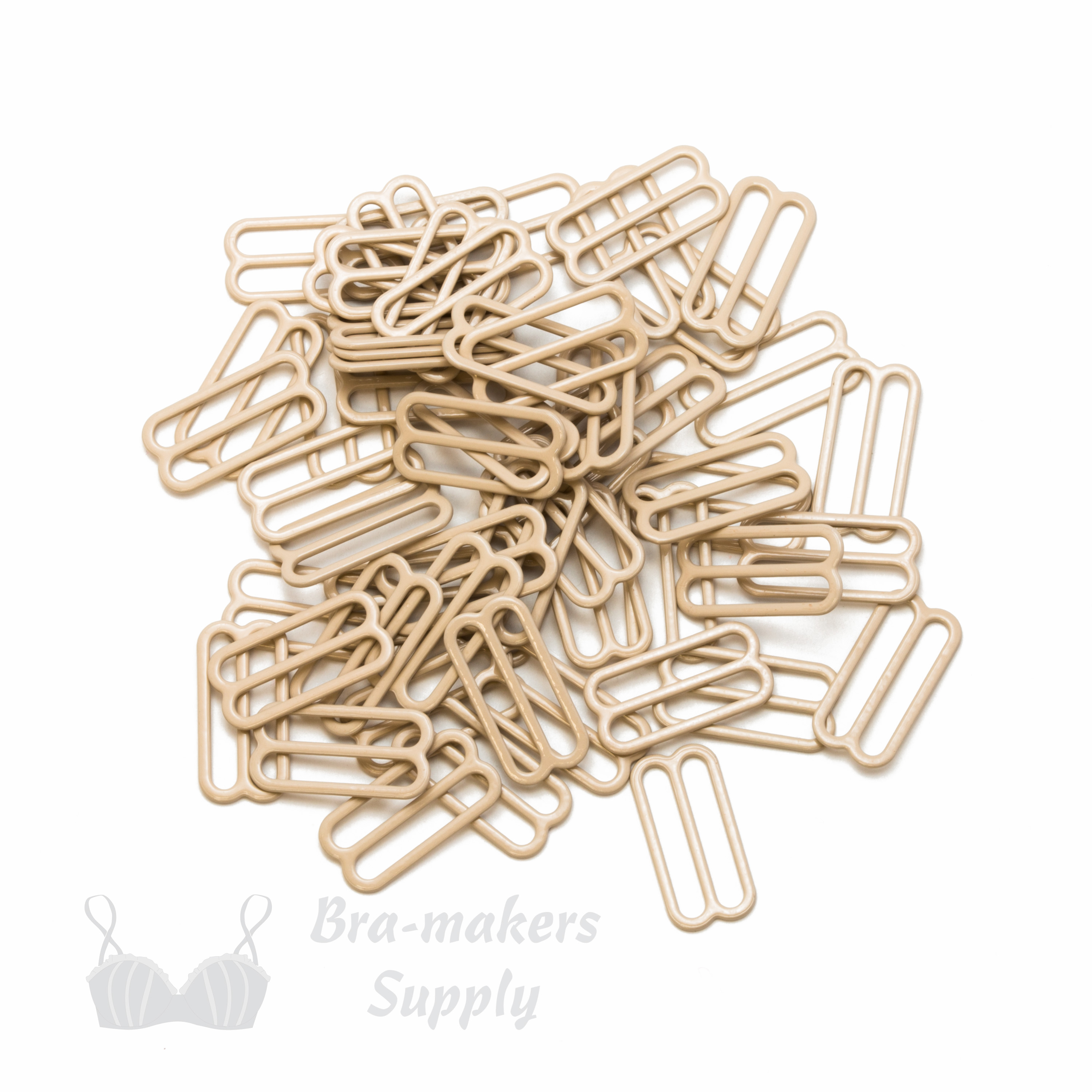 three quarters inch 19mm RM-600 S beige nylon coated metal rings sliders or frappe Pantone 14-1212 from Bra-Makers Supply 100 sliders shown