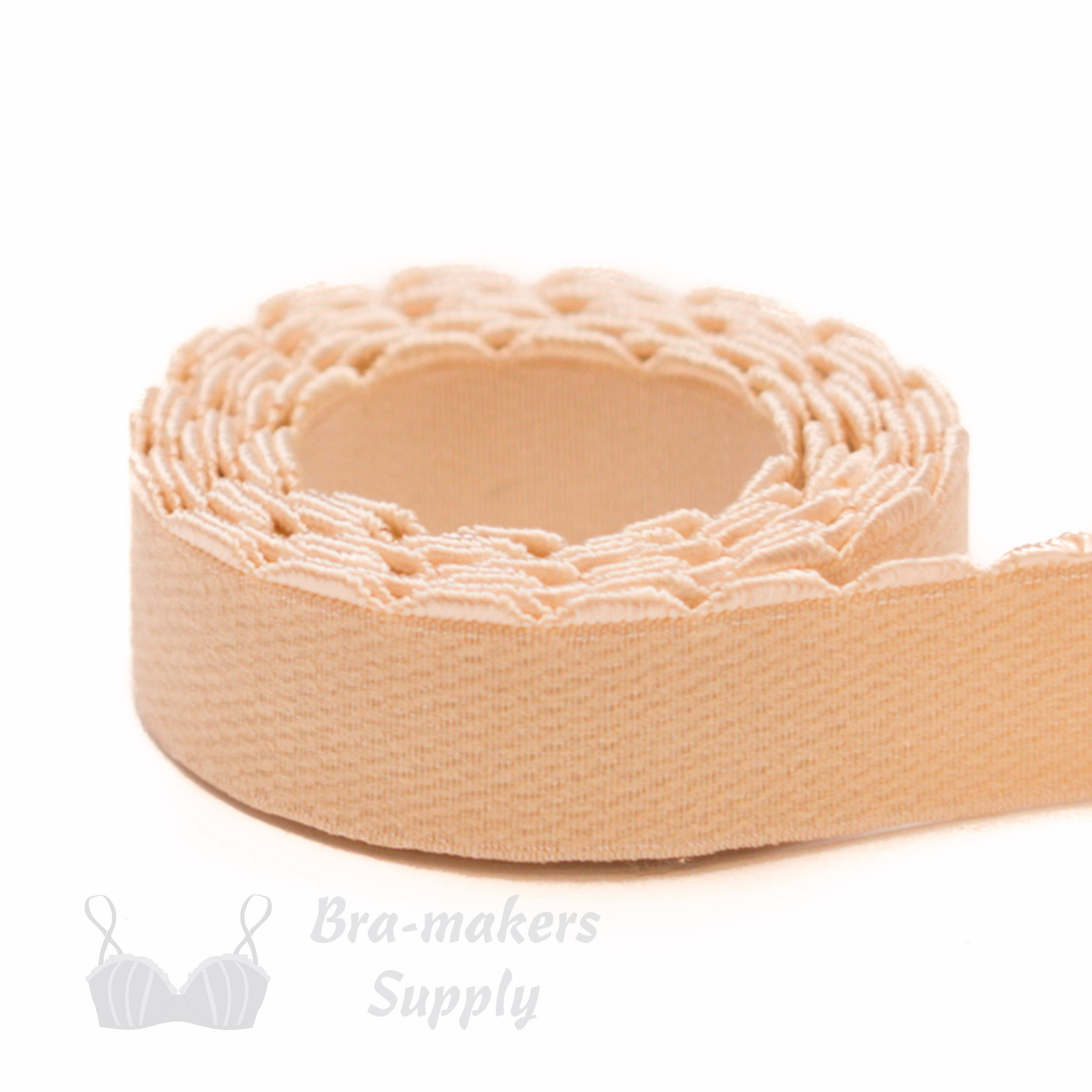 half inch 12 mm firm bra band elastic EB-472 beige or half inch 12 mm plush back elastic from Bra-Makers Supply 1 metre roll shown