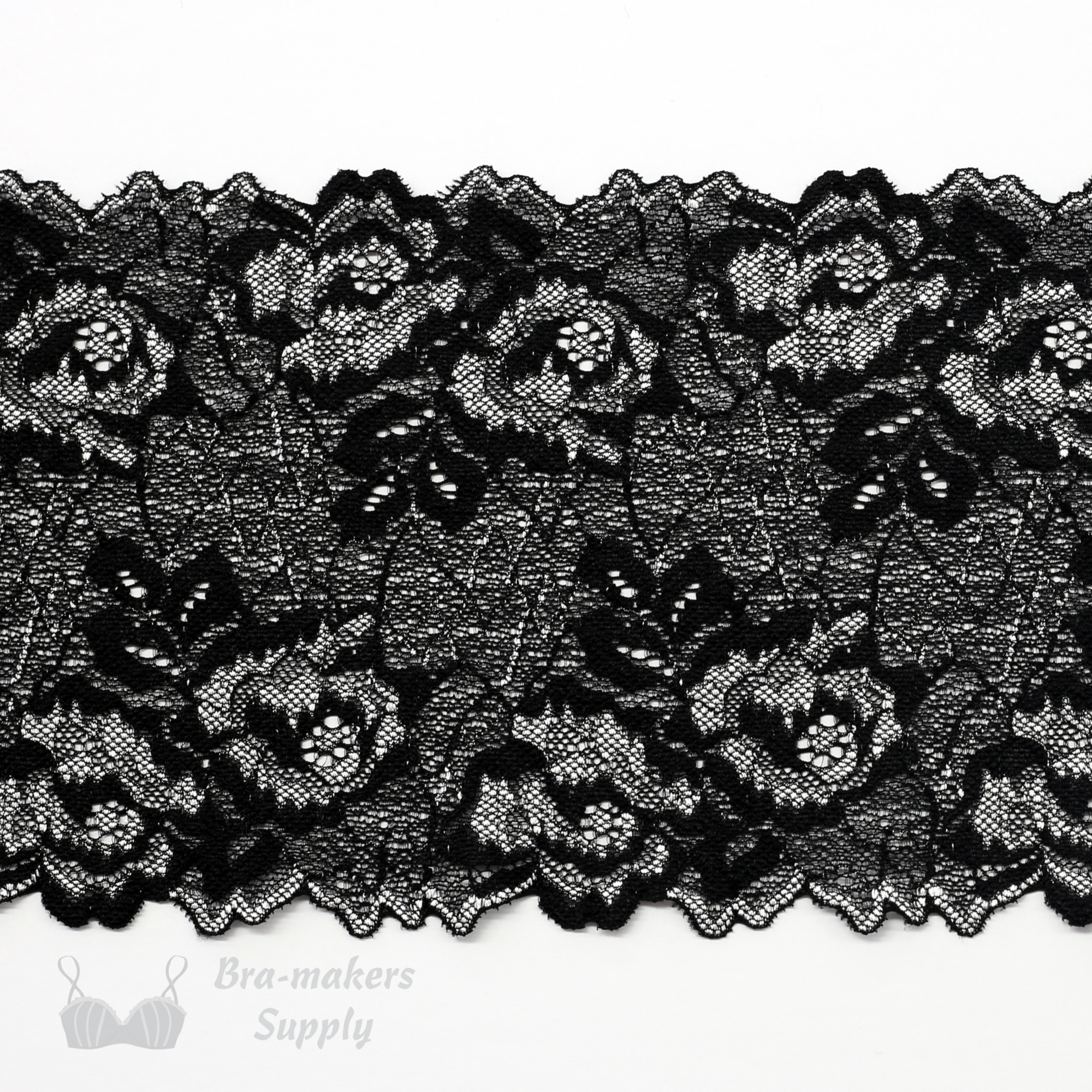 Five Inch Silver Black Border Floral Stretch Lace - Bra-Makers Supply